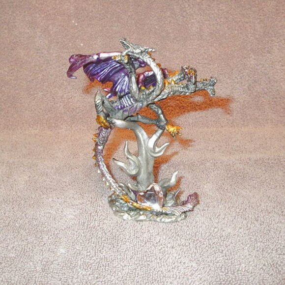 Pewter Dragon Iridescent 2 Headed Serpent Heart Crystal Winged Fantasy Figurine - Picture 4 of 11
